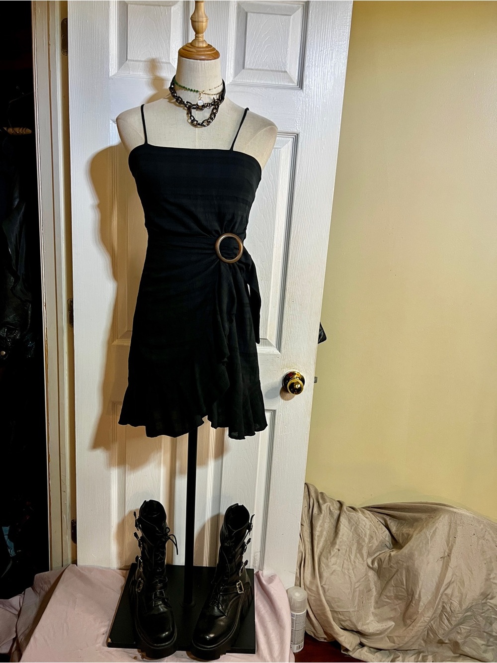 New American Eagle Wms Black Cotton Gauze Textured Wrap Ruffle‎ Mini Dress XS
